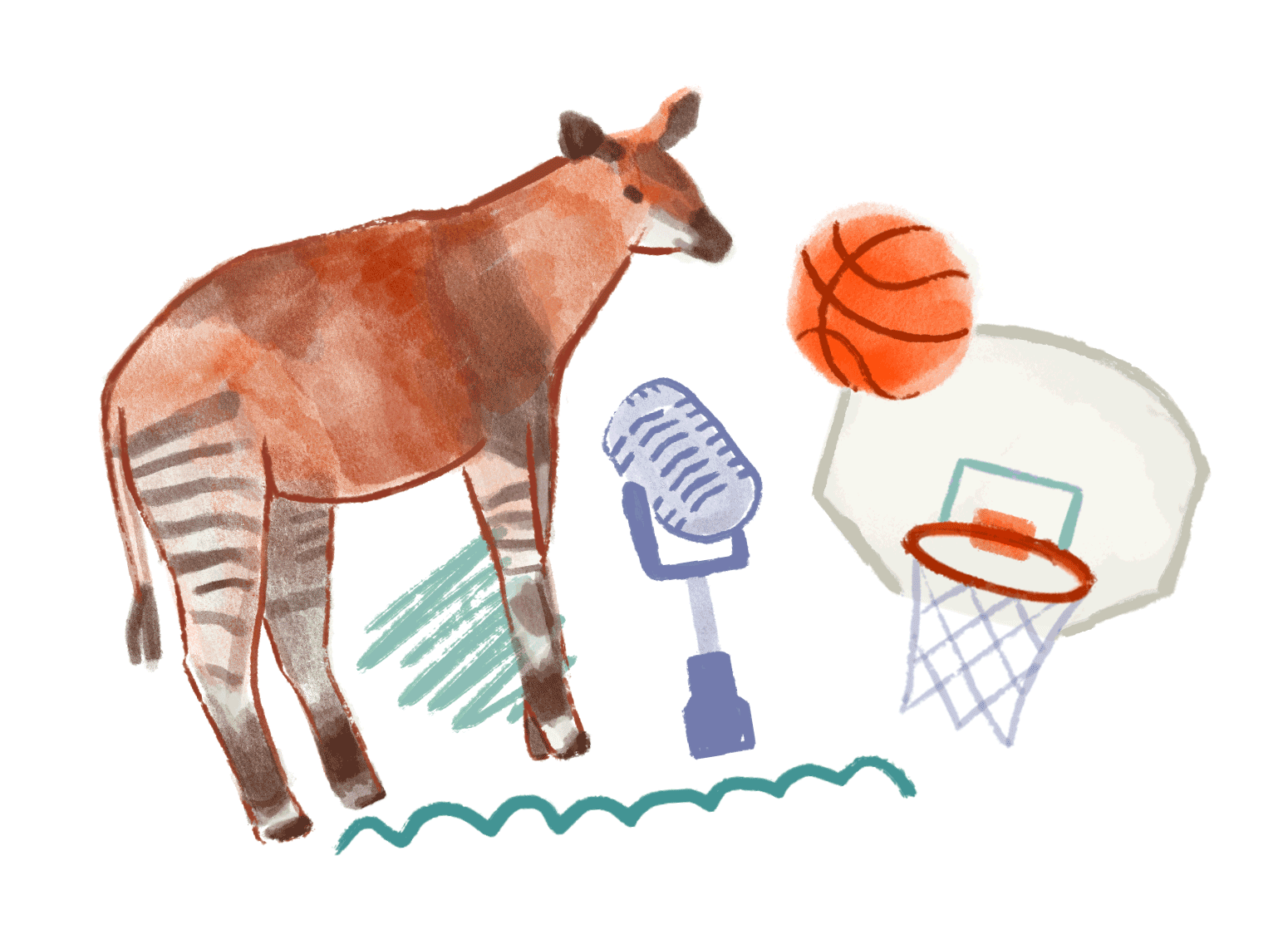 An okapi, a microphone and a basketball with goal.