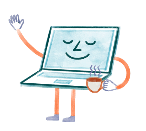 A hand drawn laptop smiling, waving, and holding a cup of coffee.