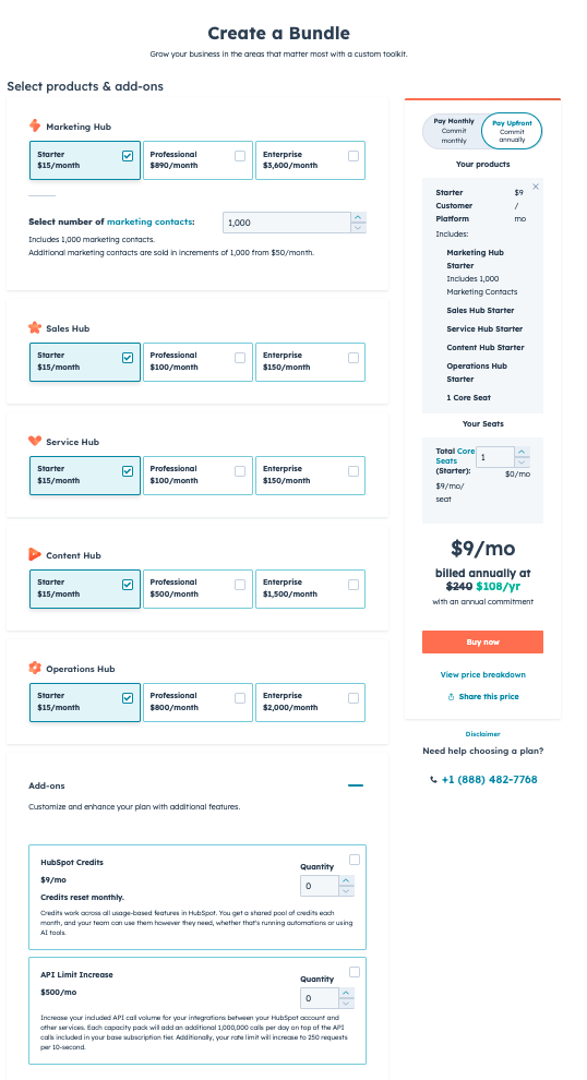Screenshot of Hubspot's Create-a-Bundle pricing configurator, showing six product hubs, three tiers each, and add-ons that combine into an overwhelming matrix