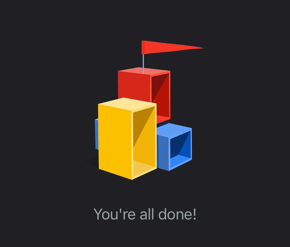 Gmail "You're all done!" inbox-zero graphic, with stylized red, yellow, and blue 3D blocks and a red victory flag