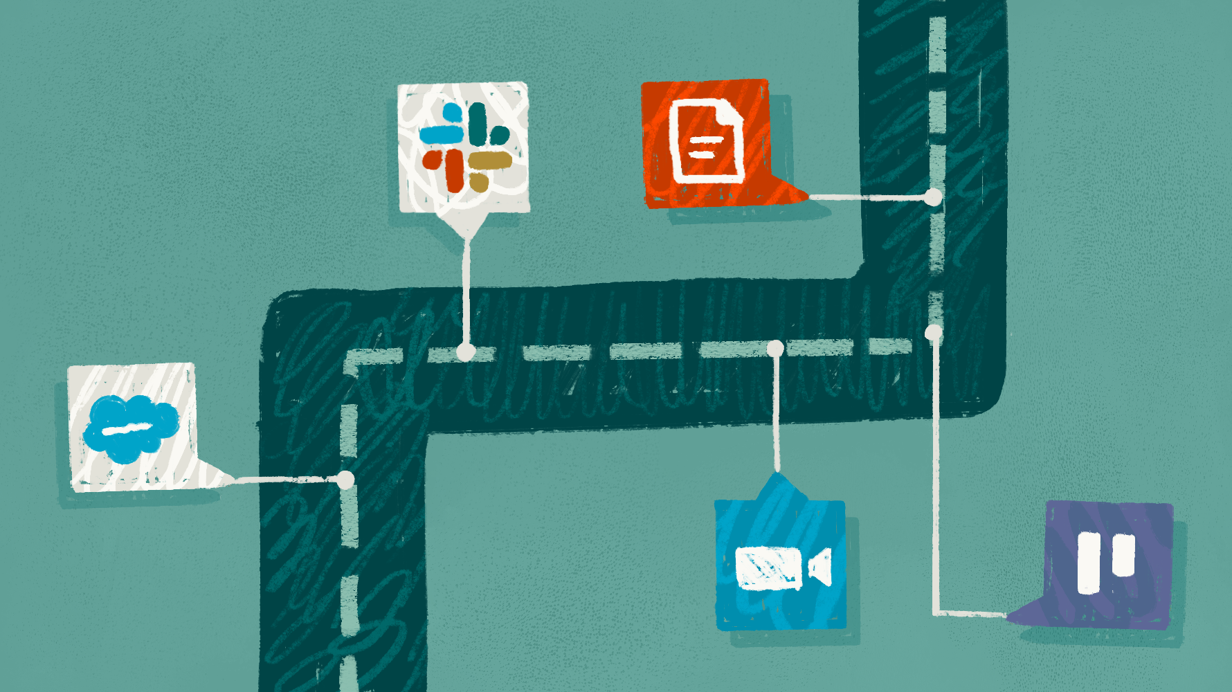 Illustration of a winding highway with software tool icons (Salesforce, Slack, a document, Zoom, Trello) placed along the route like signposts on a roadmap