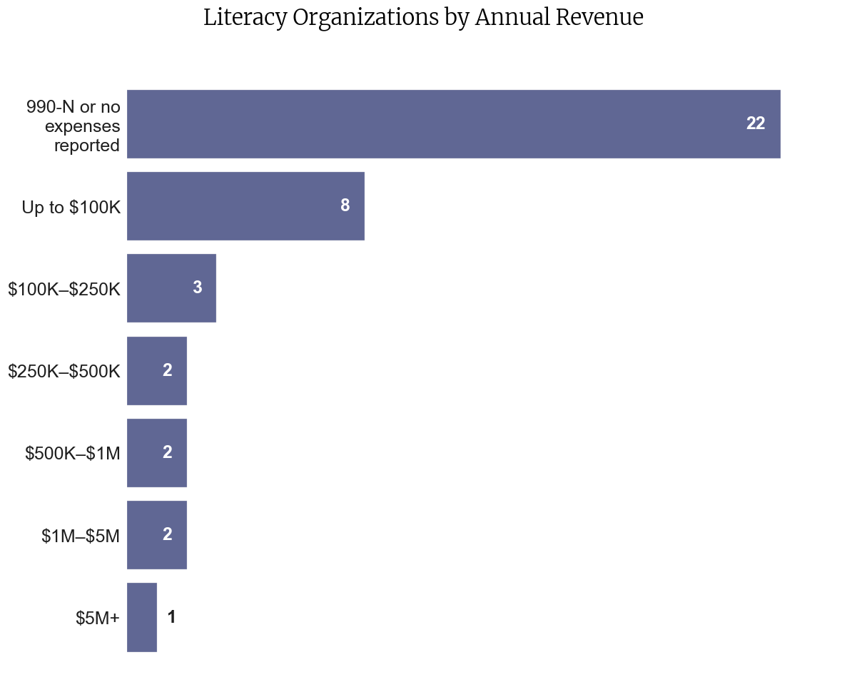 Bar chart showing 40 simulated literacy nonprofits distributed by annual revenue, with most organizations falling in the smallest revenue bands