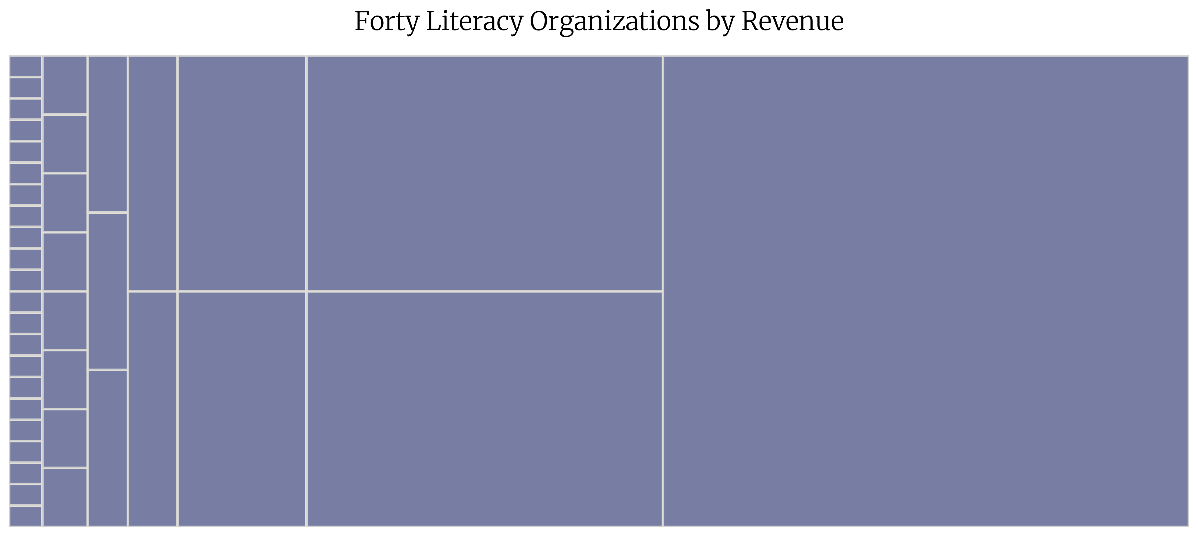 Treemap of the 40 nonprofits sized by actual revenue, showing a few large squares dominating and dozens of tiny squares around them