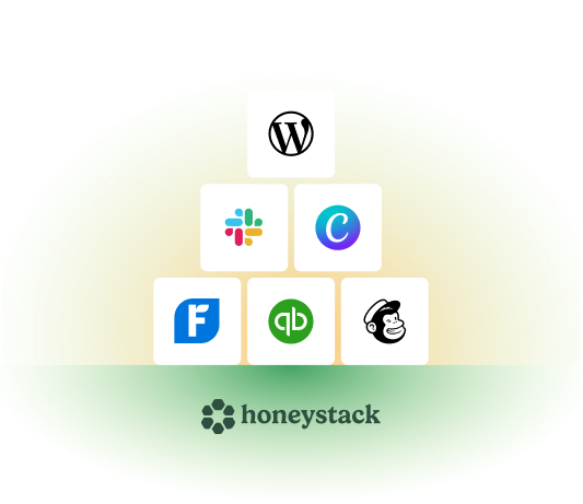 Honeystack logo and a hexagonal grid of app icons representing a shareable tech stack