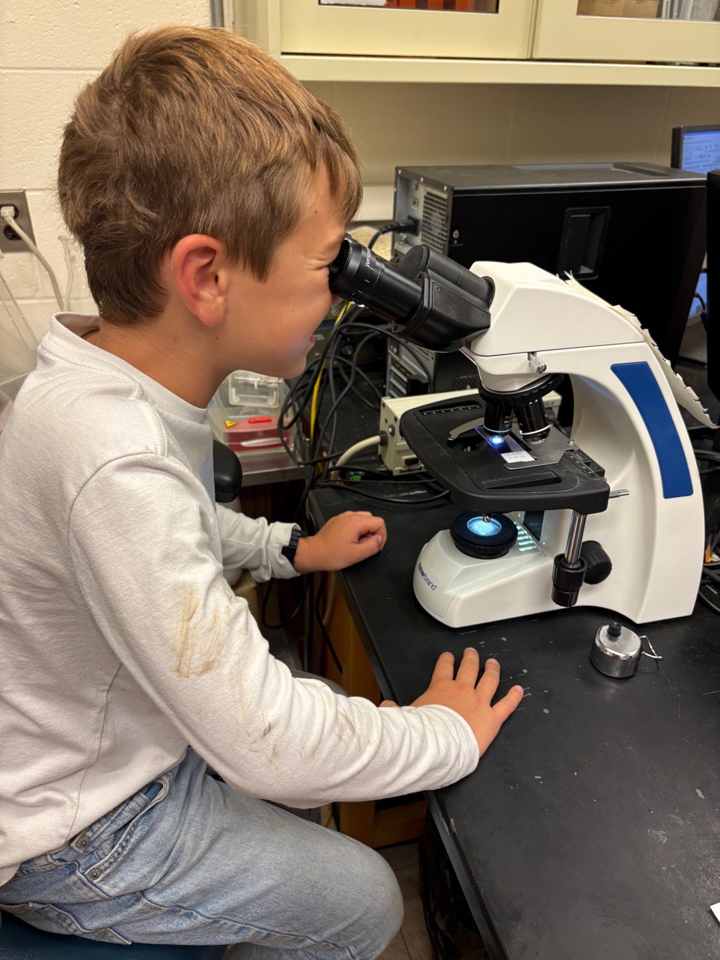 Lewis leaning into the eyepiece of a lab microscope, one hand resting on the bench beside it