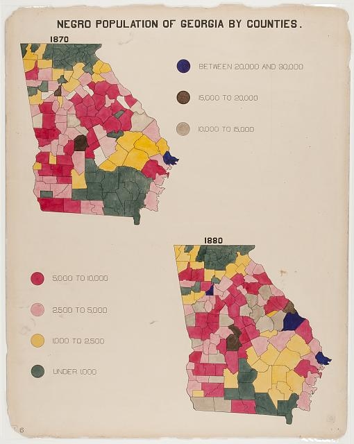Two hand-painted county-level maps of Georgia, labeled 1870 and 1880, titled "Negro Population of Georgia by Counties," with counties shaded by population bracket from "Under 1,000" up to "Between 20,000 and 30,000"