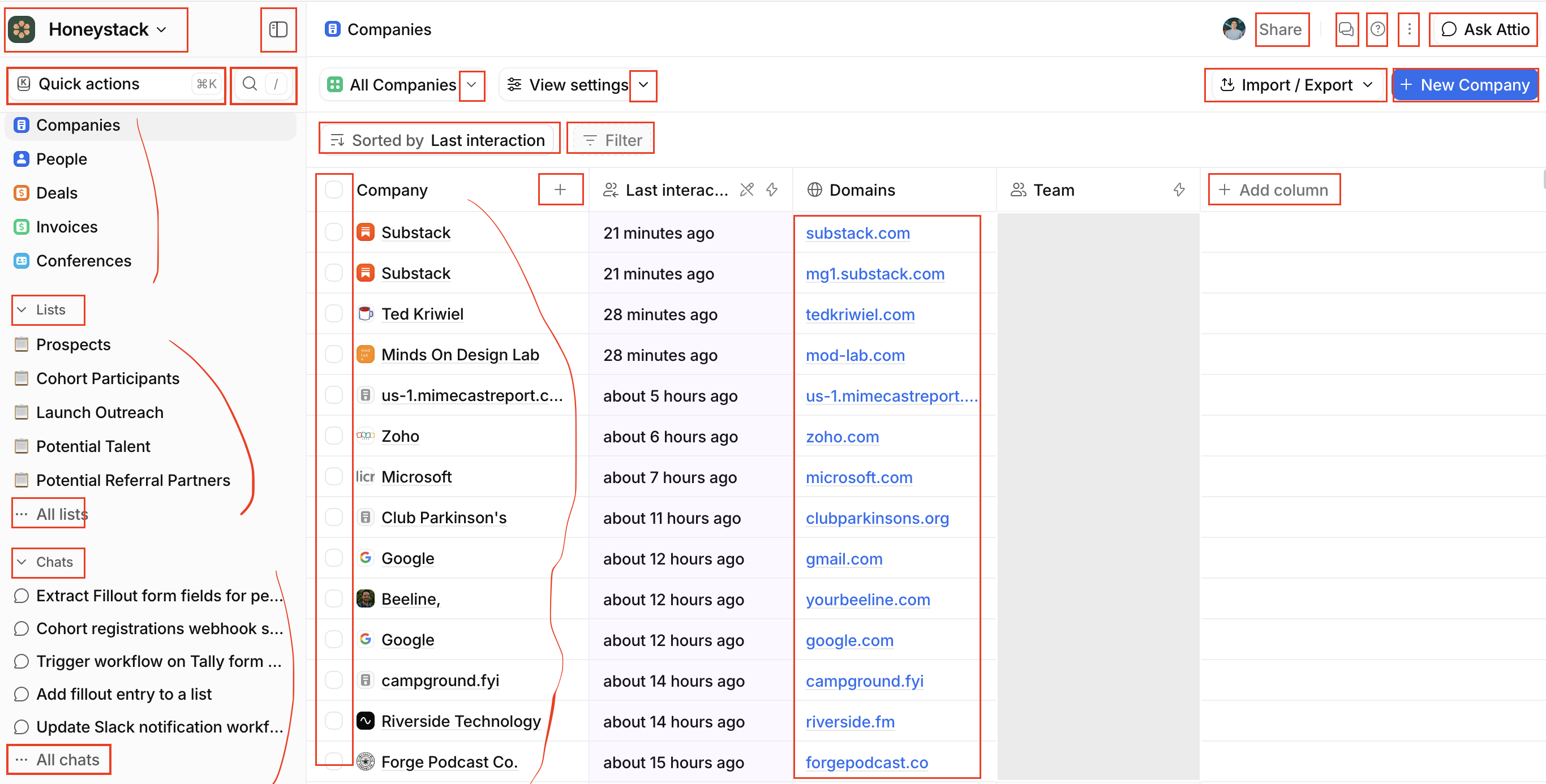 Attio CRM table view with dozens of toolbar buttons, filters, and column controls circled in red