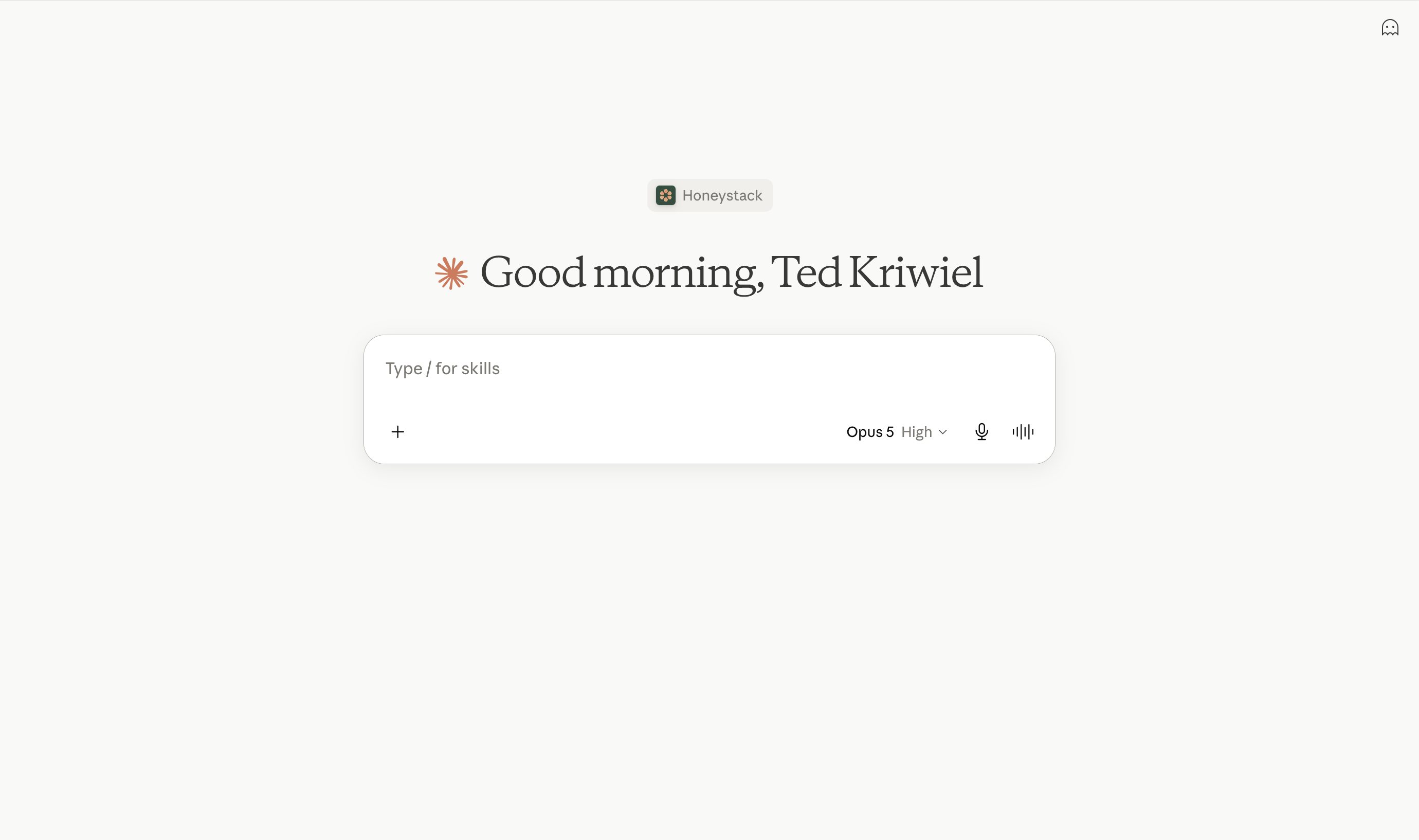 Claude's chat interface greeting "Good morning, Ted Kriwiel" above a single message input box