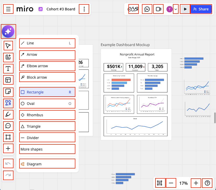Miro whiteboard interface with a left-hand toolbar stacked with shape and drawing tool buttons