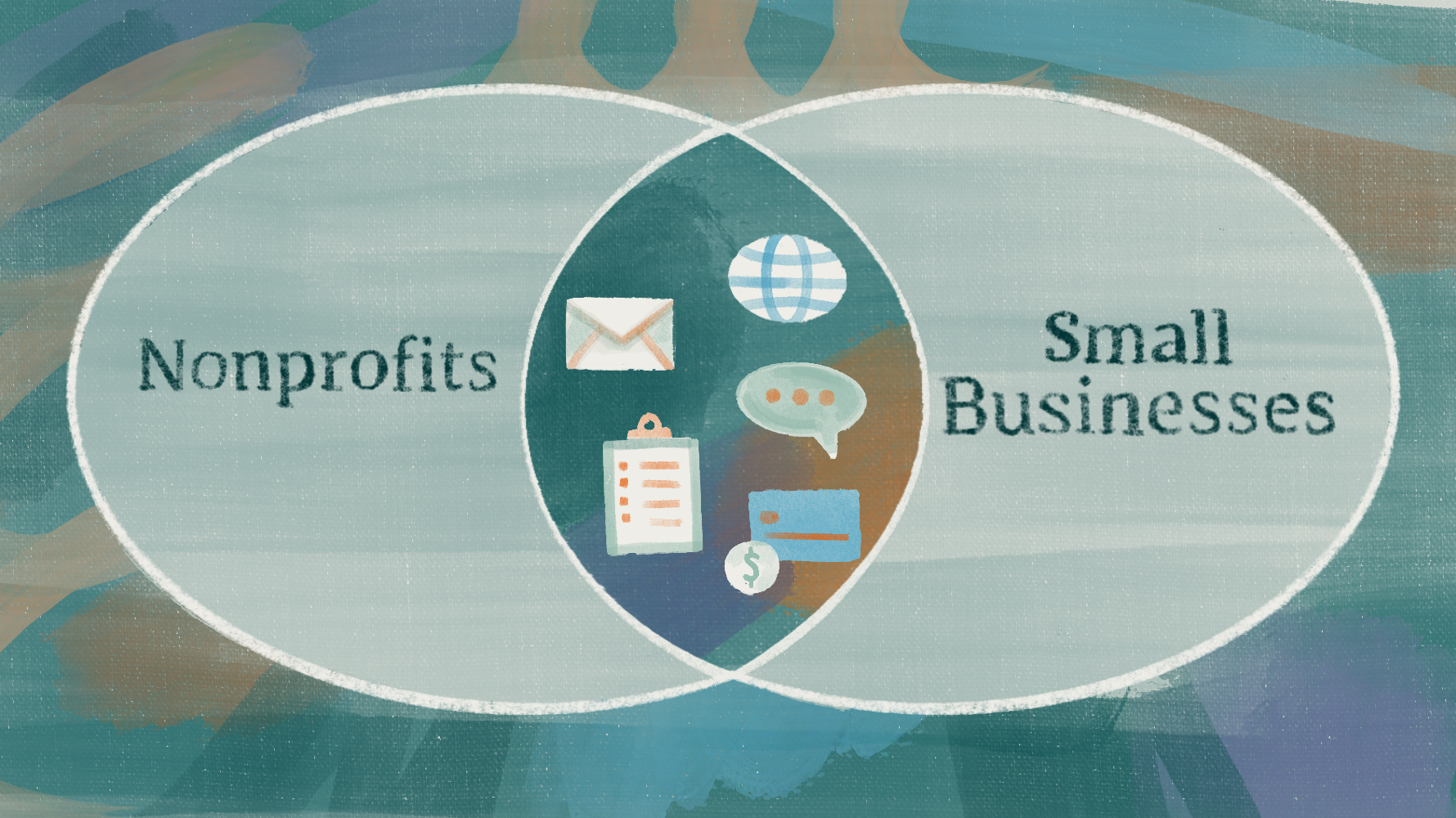 Illustration contrasting generic tools with crosses or nonprofit branding stuck on them against genuinely specialized tools like a dentist's drill