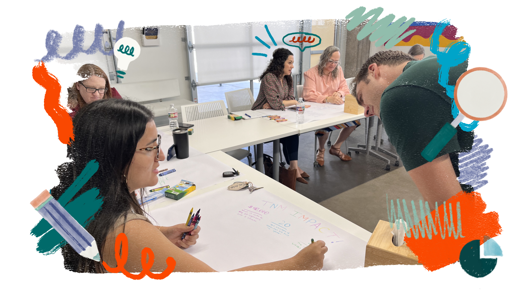 Photo of cohort participants gathered around a long white table, drawing and writing with crayons on a large sheet of butcher paper during a workshop session