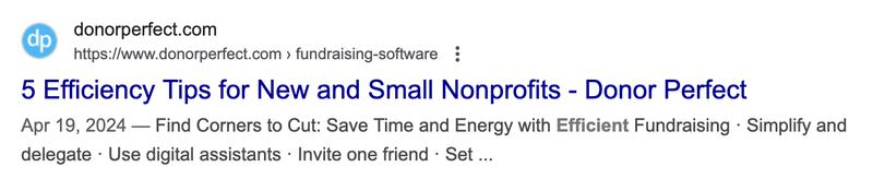 Google search result snippet for DonorPerfect titled "5 Efficiency Tips for New and Small Nonprofits"