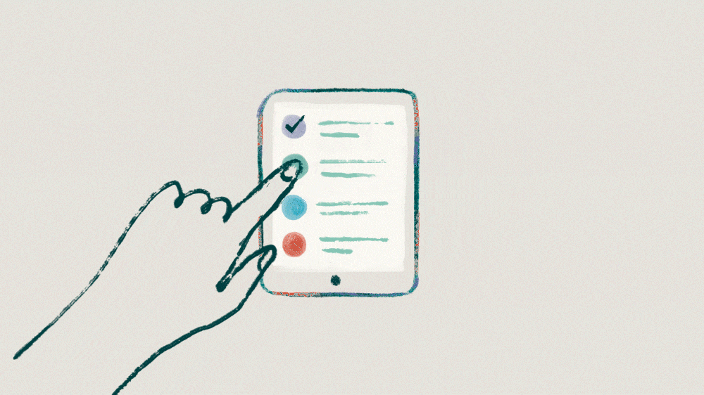Hand-drawn illustration of a finger tapping a tablet that shows a short checklist with one checked item and two colored bullet points