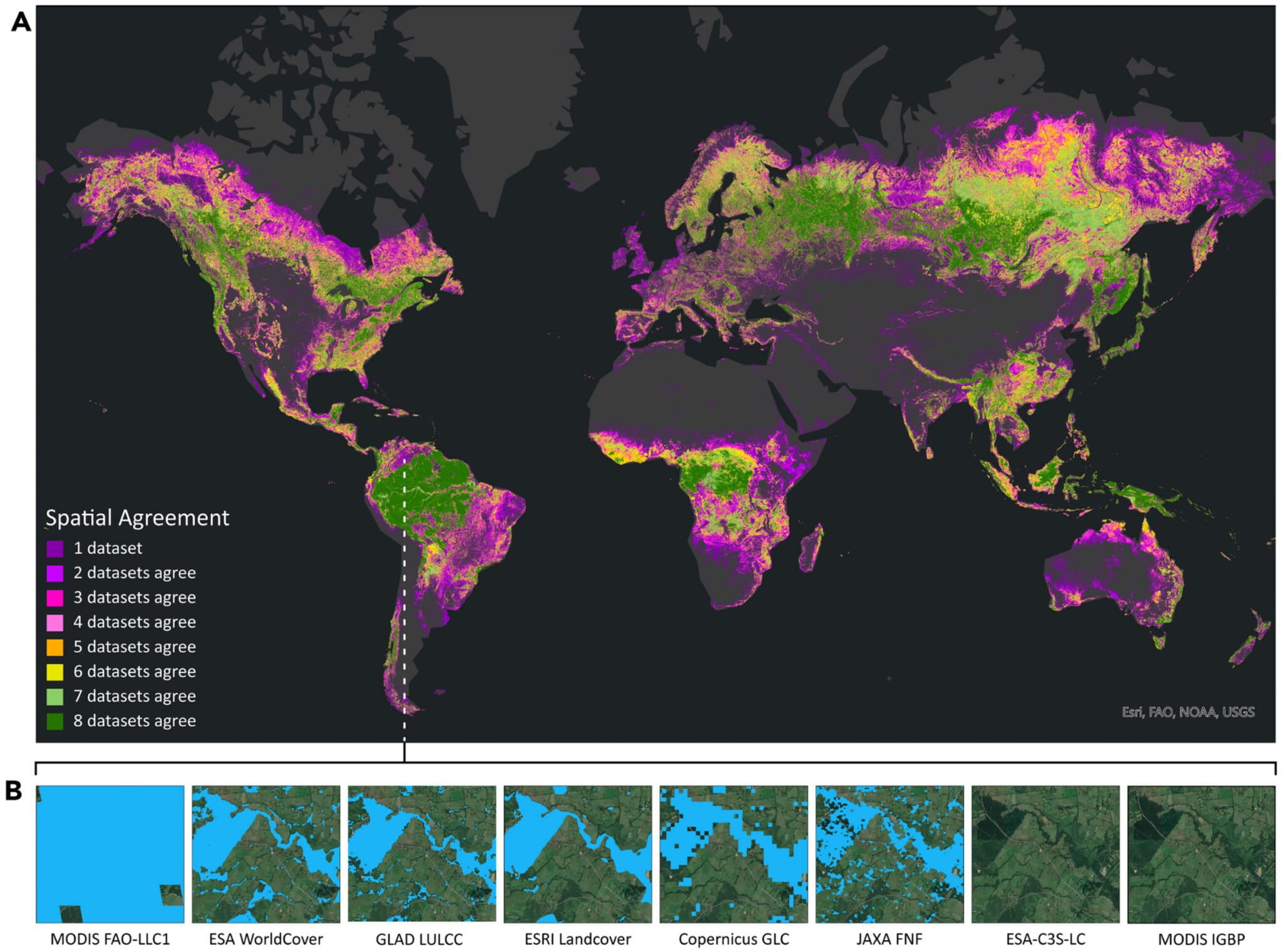 Spatial agreement of forest datasets across the globe